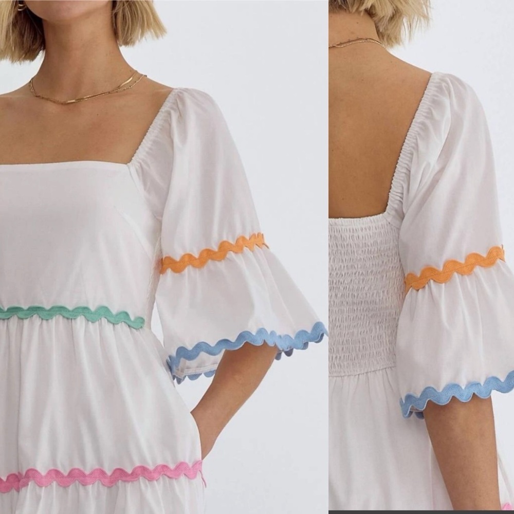 ENTRO Ric Rac Dopamine Dressing Pastel Feminine Spring Fun Ruffles Midi Dress - Picture 2 of 9